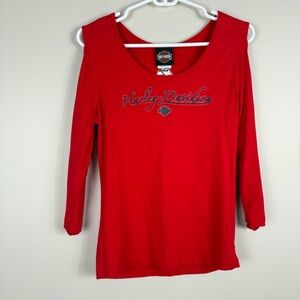 Harley-Davidson Top Womens Large Red Long Sleeve Cold Shoulder Cotton Shirt Moto